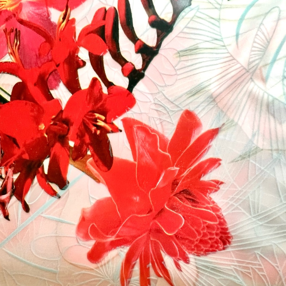 Flamingos & Tropical Flowers Peva Shower Curtain Hibiscus Orchids Bright Red - Picture 3 of 14
